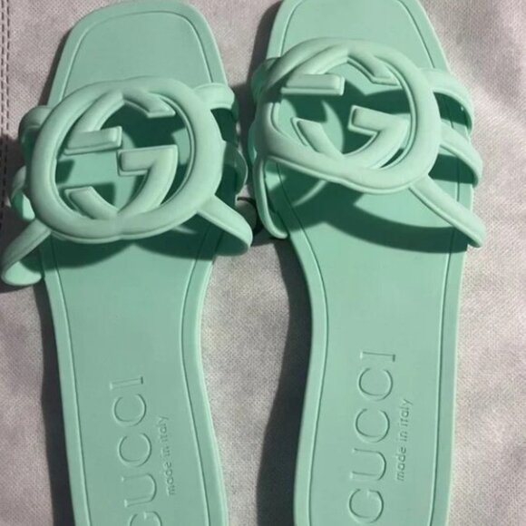 Gucci Womens Interlocking Sandals Slides Rubber 9 Pale Blue New - Picture 1 of 4
